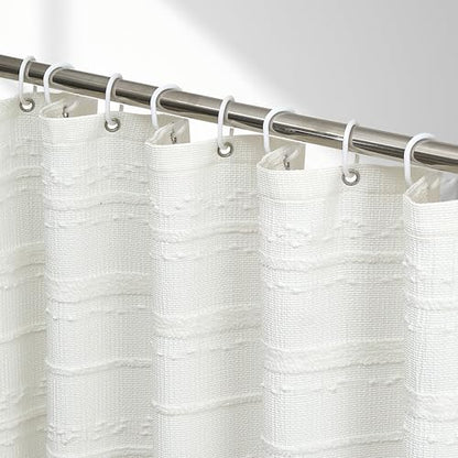 Extra Long Farmhouse White Shower Curtain Boho, 72 x 78 Cotton Blend Tufted Weave Waffle Stripe Textured Heavy Duty, Fabric Shower Curtain for Bathroom, Hotel - color: White B, size: 72"W x 78"L (Pack of 1)