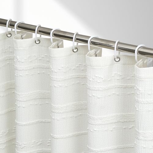 Extra Long Farmhouse White Shower Curtain Boho, 72 x 84 Cotton Blend Tufted Weave Waffle Stripe Textured Heavy Duty, Fabric Shower Curtain for Bathroom, Hotel - color: White B, size: 72"W x 84"L (Pack of 1)