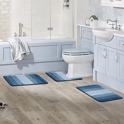 Walensee Bathroom Contour Rug (20 x 24, Ombre Blue) Non-Slip Water Absorbent Soft Microfiber Shaggy Bath Mat - Machine Washable U Shape Toilet Rug - color: Ombre Blue, size: 20" x 24" Contour