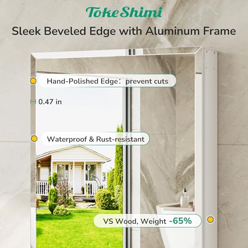 16 x 20 Mirrored Medicine Cabinet, Tempered Beveled Mirror, White Medicine Cabinet with Mirror, Assembly Required, Stepless Adjustable Shelves, Recessed/Wall Mount
