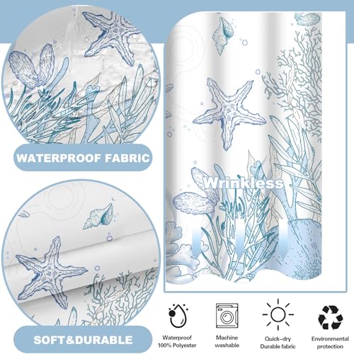 Small No Hook Shower Curtain and Liner Set, Blue Beach Coastal 36x74 | Nautical Ocean for Bathroom, with Snap in Liner Replacement, Mesh Top Window, Waterproof, Machine Washable, Quick-Drying - color: Blue, size: 36"W x 74"L (Pack of 1)