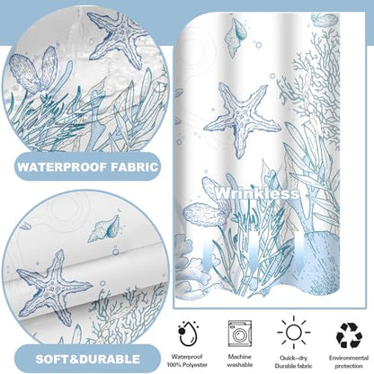 Small No Hook Shower Curtain and Liner Set, Blue Beach Coastal 36x74 | Nautical Ocean for Bathroom, with Snap in Liner Replacement, Mesh Top Window, Waterproof, Machine Washable, Quick-Drying - color: Blue, size: 36"W x 74"L (Pack of 1)