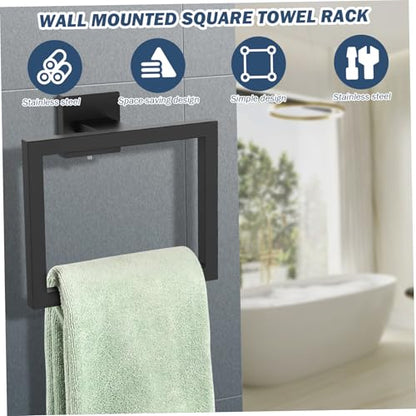 Black Hand Towel Holder, Stainless Steel Matte Black Towel Ring, 6.3 Inch Square Bathroom Hand Holder, Space Saving for WallBlack