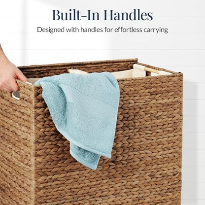 Best Choice Products Large Double Laundry Hamper with Lid, Natural Handwoven Water Hyacinth, 2 Sections w/ 2 Machine Washable Linen Liner Bags, Portable, Handles - Chestnut - color: Chestnut