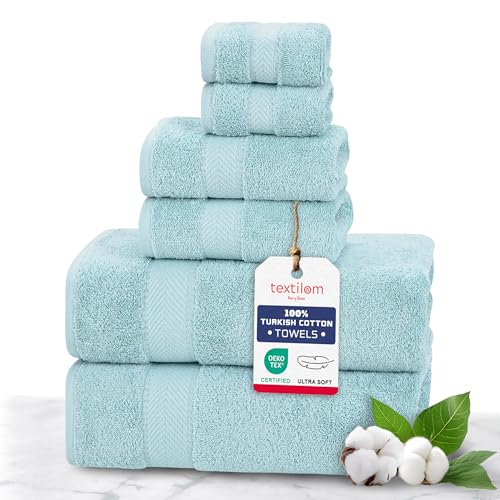 TEXTILOM 100% Turkish Cotton 6 Pcs Luxury Bath Towel Set, Soft & Absorbent Towels for Bathroom (2 Bath Towels, 2 Hand Towel, 2 Washcloths) - Aqua - color: Aqua, size: 6 Pcs Towel Set