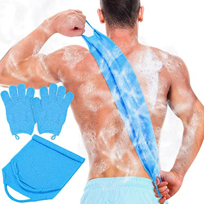 Anezus Exfoliating Back Scrubber Bath Gloves Set, Exfoliating Shower Towel with Shower Gloves for Body Scrub, Back Cleaner Wash Gloves to Remove Dead Skin (Blue) - color: Blue