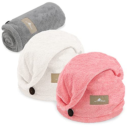 myHomeBody Hair Towel Wrap, Quick Drying Turban, Absorbent Cap – 3 Pack | Light Gray, Pink, White, Hair Turban Towel for wet hair, Ultra Soft Charcoal Fiber Cap, Towel Head Wrap for bathing - color: Light Grey, Pink, White