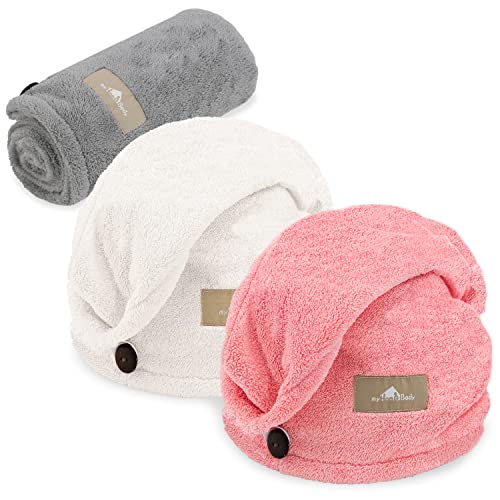 myHomeBody Hair Towel Wrap, Quick Drying Turban, Absorbent Cap – 3 Pack | Light Gray, Pink, White, Hair Turban Towel for wet hair, Ultra Soft Charcoal Fiber Cap, Towel Head Wrap for bathing - color: Light Grey, Pink, White