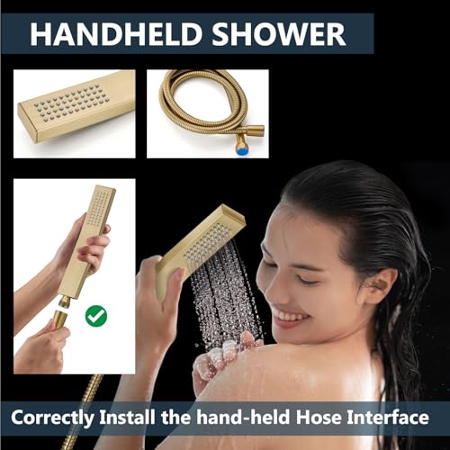 Aolemi Shower Faucet Set with Valve Handheld 12" LED Head Brushed Gold | Handheld Spray,12 Inch Rain LED Head,Valve and Trim Kit,All Metal,Wall Mount Shower System,Bathroom Mixer - color: Gold, size: 12 Inch LED Shower Head