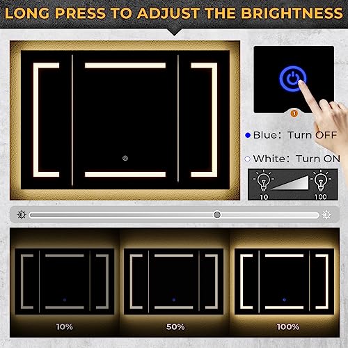 Lighted Medicine Cabinet with Mirror, Wall Mounted Bathroom Mirror with Storage, 3 Doors Bathroom Wall Cabinet with LED Lights, 39.4'' x 23.6'' - size: 39.4'' x 23.6'' With 3 Doors