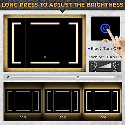 Lighted Medicine Cabinet with Mirror, Wall Mounted Bathroom Mirror with Storage, 3 Doors Bathroom Wall Cabinet with LED Lights, 39.4'' x 23.6'' - size: 39.4'' x 23.6'' With 3 Doors