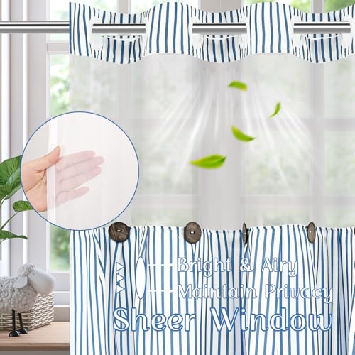 ASPMIZ Farmhouse Striped Shower Curtain and Liner Set No Hook, Blue 71x74 | No Hook Shower Curtain with Snap in Liner Fabric, Rustic Washable Waterproof Bathroom Curtains with Button, Mesh Top Window - color: Blue Striped, size: 71"W x 74"L (Pack of 1), s