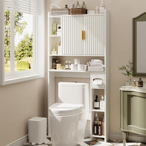 knoworld Fluted Over The Toilet Storage Cabinet, Above Toilet Bathroom Organizer with Toilet Paper Holder, Modern Behind Toilet Cabinet, Space Saver for Restroom, Bathroom, Laundry, White - color: White, style: Fluted Doors