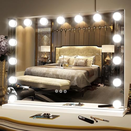 FENNIO Hollywood Vanity Mirror with Lights 23x18,Large Lighted Mirror Makeup Mirror with 15 Dimmable LED Bulbs, 3-Color Lighting - size: 18"L x 23"W