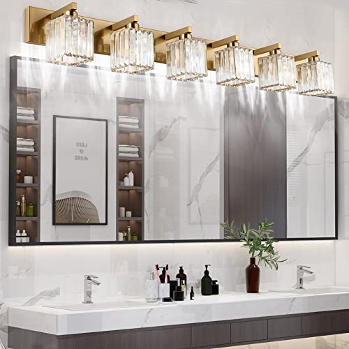 Aipsun Bathroom Vanity Light Brass Crystal Vanity Lighting Fixtures 6 Light Modern Bathroom Lighting Fixtures (Exclude Bulb) - color: Gold, size: 49 inch