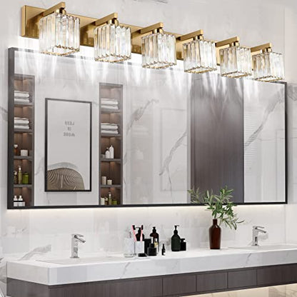 Aipsun Bathroom Vanity Light Brass Crystal Vanity Lighting Fixtures 6 Light Modern Bathroom Lighting Fixtures (Exclude Bulb) - color: Gold, size: 49 inch