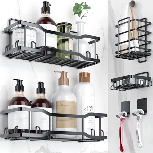 Shower Caddy Bathroom Shelves, The Athena Silken 4 Set, 40LB Capacity, Adhesive Tape No Drill - Rustproof -Gorgeous Powder Coated 304 Stainless Steel Shower Organizer for kitchen & Home Decor - Black - color: Black