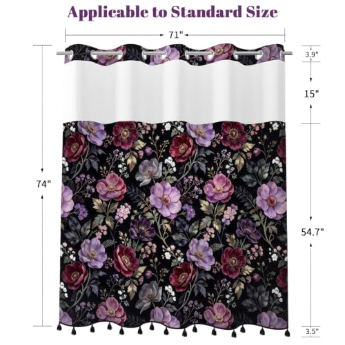 Moody Floral Shower Curtain with Snap in Liner & Tassels, 71Wx77L | No Hook Needed, Double Layer Waterproof Fabric with Mesh Top, Dark Botanical Flower Design for Modern Bohemian Style Bathroom - color: Noble Flowers