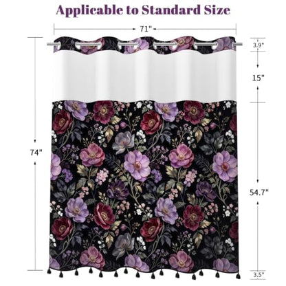 Moody Floral Shower Curtain with Snap in Liner & Tassels, 71Wx77L | No Hook Needed, Double Layer Waterproof Fabric with Mesh Top, Dark Botanical Flower Design for Modern Bohemian Style Bathroom - color: Noble Flowers