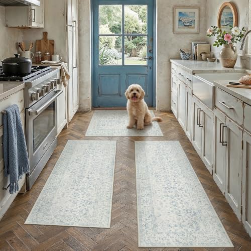 2'x3'+2'x4'+2'x5' Blue 2-Piece Kitchen Rug Set with Runner | Floral, Soft, Kitchen, Hallway, Entryway - color: Blue, size: 2' x 5' (Rug Set)