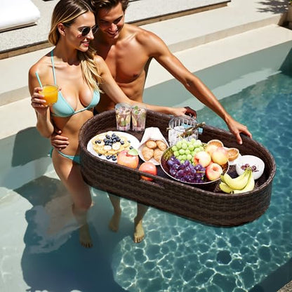 Devoko Pool Floating Tray 38”x20” Wicker Swimming Pool Drink Holders, Brown | Large Oval Portable Serving Tray with Handles Wicker Swimming Pool Bar Accessories Floating Table for Adults, Spas, Parties - color: Brown