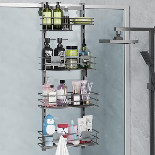 Orimade Over The Door Shower Caddy Adjustable 4 Tier Dark Grey,Bathroom Hanging Organizer Shelf Rustproof with 4 Hooks,Shower Basket with Soap Holder and Suction Cup - color: Dark Grey-4T