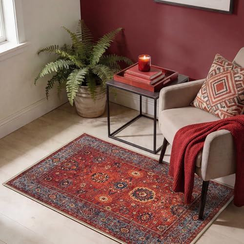 Keen Home Design Vintage Washable Entryway Rug, Non-Slip Low Pile, 2x3 | Machine washable cotton chenille, 0.25in low pile, rubber non-slip back; kitchen, entryway, bathroom, bedside - color: Red / Turquoise Blue, size: 2' x 3' (Rectangular)