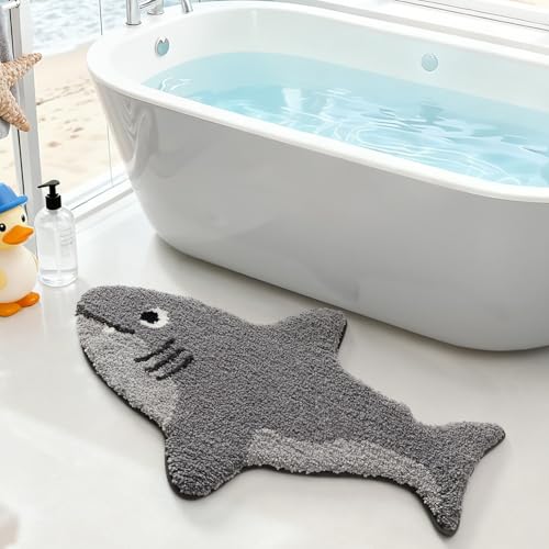 LUMI Cute Animal Bathroom Rugs, Soft Absorbent Non Slip Bath Mats, 24"x40" | Shark Shaped, Quick Dry Microfiber, Machine Washable, Ideal Floor Mat for Shower Sink Bathtub Kid’s Room Decor - color: Echo Shark-large