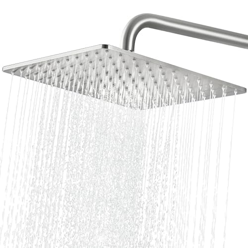 Solid Metal Large Rain Shower Head, Square High Flow Ceiling Rainfall Shower Head with Shower Arm and Flange, Reinforced Explosion-Proof Stainless Steel Construction (12-Inch, Brushed Nickel) - color: Brushed Nickel, size: 12 Inch
