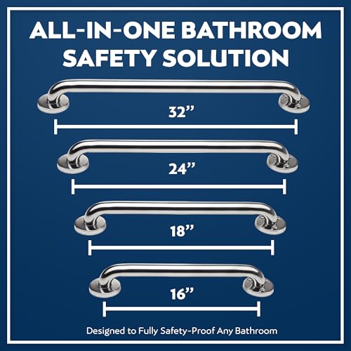 Shower Grab Bars 4 Pack – Complete Bathroom Safety Starter Bundle for Seniors – 16", 18", 24", 32" Lengths, 1.25" Diameter, 500 lb Rated – All-in-One Grab Bar Shower Safety Solution – Polished Chrome - color: Polished