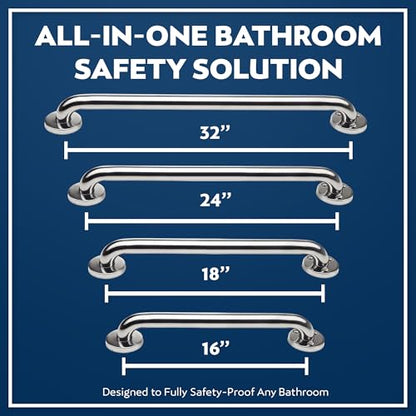 Shower Grab Bars 4 Pack – Complete Bathroom Safety Starter Bundle for Seniors – 16", 18", 24", 32" Lengths, 1.25" Diameter, 500 lb Rated – All-in-One Grab Bar Shower Safety Solution – Polished Chrome - color: Polished