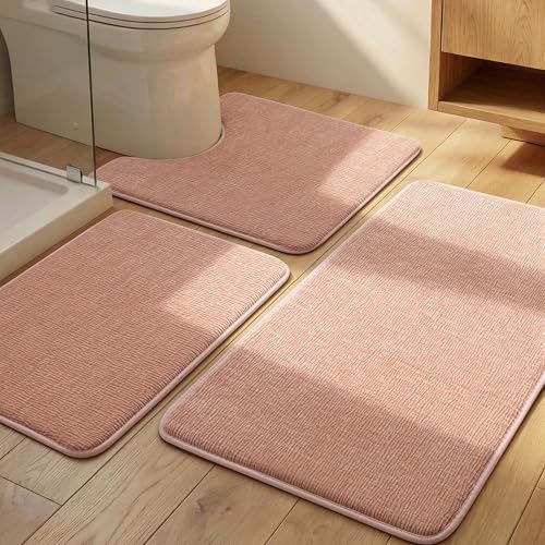 Bathroom Rug Set 3 Piece, Memory Foam Pink Bath Mat Set Non-Slip Quick Dry Absorbent Bath Mats for Bathrooom - color: Pink, size: 3pieces