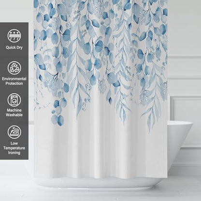 Tranquil and Comfortable Spa Blue Eucalyptus Shower Curtain, Watercolor Plant Leaves with Floral Bathroom Shower Curtain,72 x 72 Inches, Easy to Clean Waterproof Polyester Fabric Includes 12 Hooks - color: Spa Blue