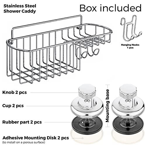 HASKO Shower Caddy Suction Cup, Shower Shelf with Soap Dish and Hooks Organizer, Suction Bathroom Shelf for Storage, Wall Mounted Basket (Polished Stainless Steel SS304) - color: Silver (1 Pack)