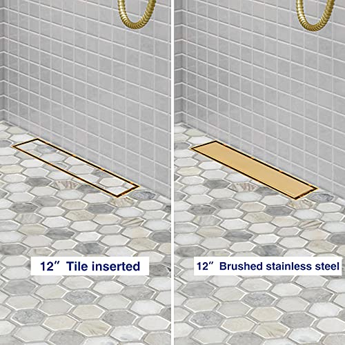 Neodrain 12" Gold Linear Shower Drain,2-in-1 Flat& Tile Insert Cover | 304 Stainless Steel,Fast Drainage, Durable,Rectangle Shower Floor Drain with Adjustable Feet,Hair Strainer,Fits Bathrooms - color: Golden, size: 12 In