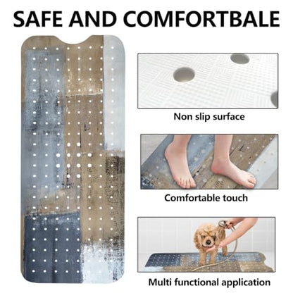 LNOND Blue and Brown Bathtub Mat Non Slip, 40 X 16 Inch Tub Mat for Bathroom, Abstract Art Bath Tub Shower Mat with Drain Holes and Suction Cups - color: Blue and Brown