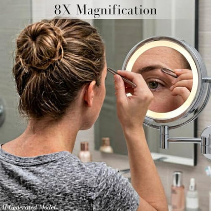 JERDON Hardwired Wall-Mount Makeup Mirror - 8X/1X - Chrome - HL88CLD | 8.5" Round Frame, 13.5" Wall Arm, LED Lighting, Direct Wire Installation - color: Chrome Direct Wire