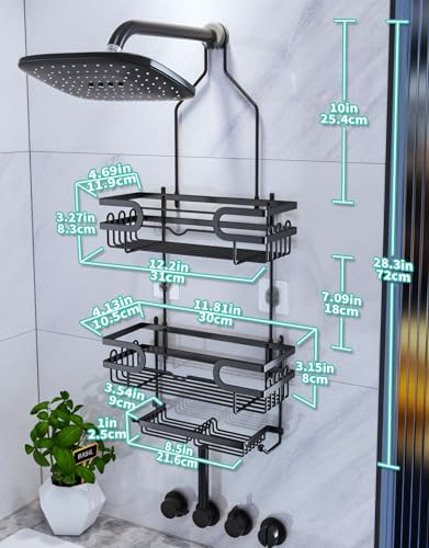 HapiRm Bathroom Hanging Shower Caddy - Rustproof & Waterproof Shower Shelf with 12 Hooks and 2 Soap Holders, No Drilling Bathroom Organizers and Storage - Black - color: Black(Large)