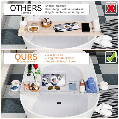 Luxury Clear Bathtub Shelf Across Tub,Expandable Plastic Bathtub Tray Over The Tub Bath Caddy,Free Standing Bath Table Board & Accessories for Women Relaxing with Reading Book and Ipad Holder
