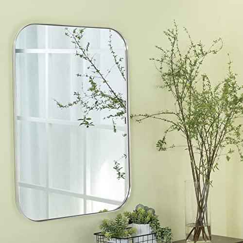 24x36'' Brushed Nickel Rounded Rectangle Bathroom Vanity Wall Mirror Silver Stainless Steel Metal FramedRectangular Bathroom Mirror, Vertical and Horizontal Hanging