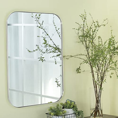 24x36'' Brushed Nickel Rounded Rectangle Bathroom Vanity Wall Mirror Silver Stainless Steel Metal FramedRectangular Bathroom Mirror, Vertical and Horizontal Hanging