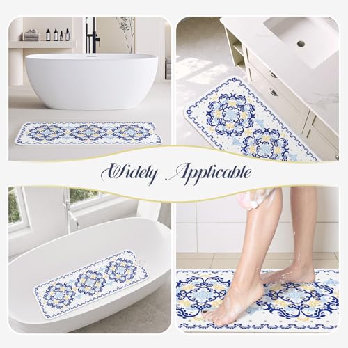 SHUCHING Blue Bath Mat for Tub Non Slip-40x16 Inch, Boho | Bathtub Mat for Elderly Mold Free, Long Shower Mat for Inside Shower with Suction Cup, Machine Washable - color: Blue Flower