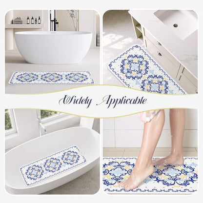 SHUCHING Blue Bath Mat for Tub Non Slip-40x16 Inch, Boho | Bathtub Mat for Elderly Mold Free, Long Shower Mat for Inside Shower with Suction Cup, Machine Washable - color: Blue Flower