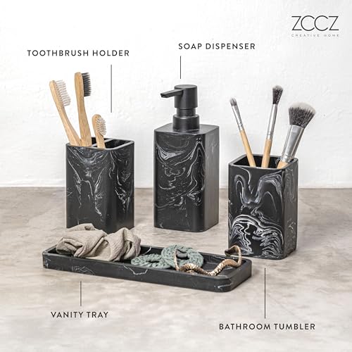 Bathroom Accessory Sets, 4 Pieces Bathroom Accessories Complete Set Vanity Countertop Accessory Set, Includes Lotion Dispenser Soap Pump, Tumbler, Toothbrush Holder and Tray (Black Marble Look) - color: Black Marble Look
