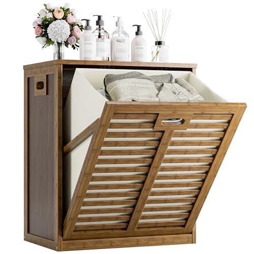 HITNET Bamboo Tilt Out Laundry Hamper, Bathroom Storage Cabinet with Hidden Removable Basket and 3 Sides Cutout Handles, Freestanding Hamper Organizer for Dirty Clothes, Walnut - color: Walnut