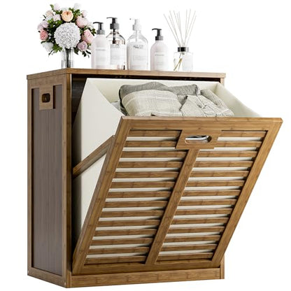 HITNET Bamboo Tilt Out Laundry Hamper, Bathroom Storage Cabinet with Hidden Removable Basket and 3 Sides Cutout Handles, Freestanding Hamper Organizer for Dirty Clothes, Walnut - color: Walnut