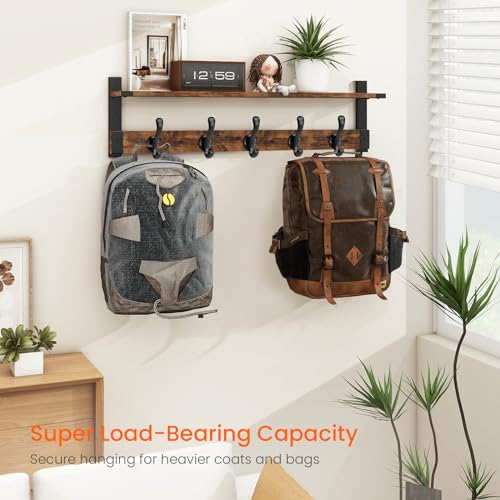 Homode Coat Rack Wall Mount, 29 Inch Long Shelf with Hooks, Wood Entryway Shelf with 5 Hangers for Hanging Hat Jacket Backpack Purse, Rustic Brown Black - color: Rustic Brown, size: 29 Inch Long