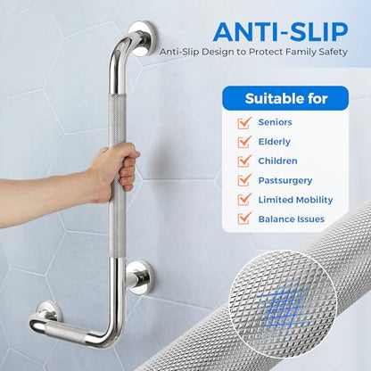 L-Shaped Grab Bars for Shower, 1 Pack, 24 x 12 Inch Stainless Steel, Left | Grab Bars for Bathroom; Diamond-Knurled Anti-Slip Grip; Wall-Mounted Safety Rail for Seniors; Mounting Hardware Included - size: Left