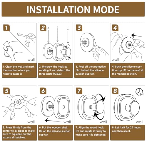 DELITON Suction Cup Hooks for Shower - 4 Pack Wooden Bathroom Towel Hooks Removable Without Drilling, for Hanging Towels, Bath Towels, and Bathrobes - color: Brown-4 Pack