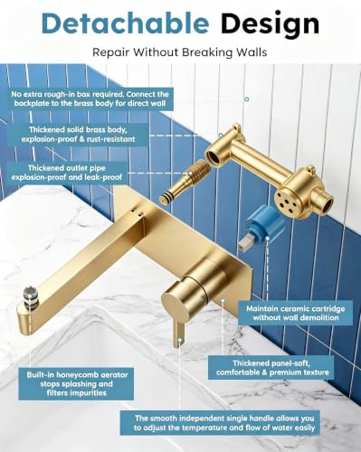 Wall Mount Bathroom Faucet, Single Handle Bathroom Sink Faucet | Gold Single Handle Wall Bathroom Vanity Faucet, Long Spout, Rough-in Brass Valve, Basin Faucet for Vessel Sink Lavatory